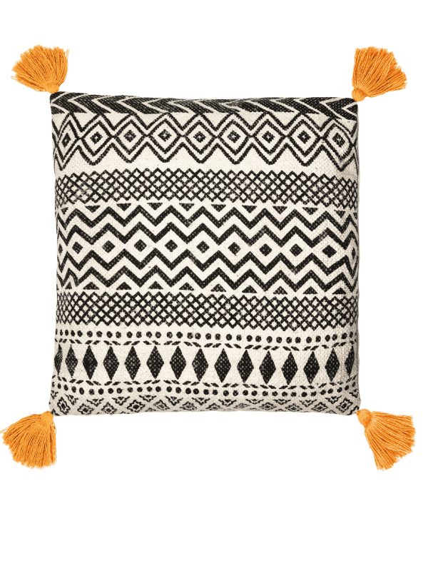 Sass & Belle scandi geo cushion, black and white cushion with bright yellow tassels