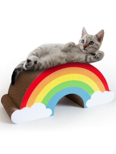 Suck UK - rainbow cat scratch, cat lying across rainbow