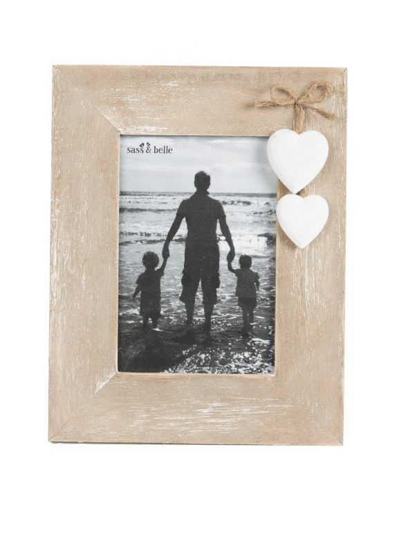 Sass & Belle farmhouse photo frame, with two white hanging hearts