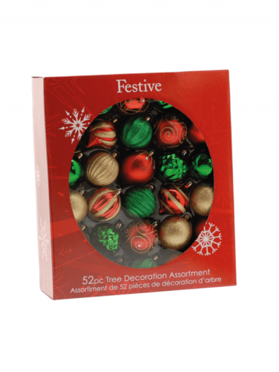 red, gold and green baubles