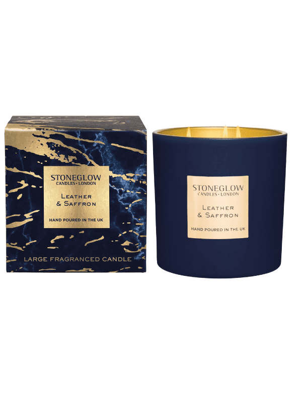 StoneGlow - leather & saffron 3 wick candle with gift box