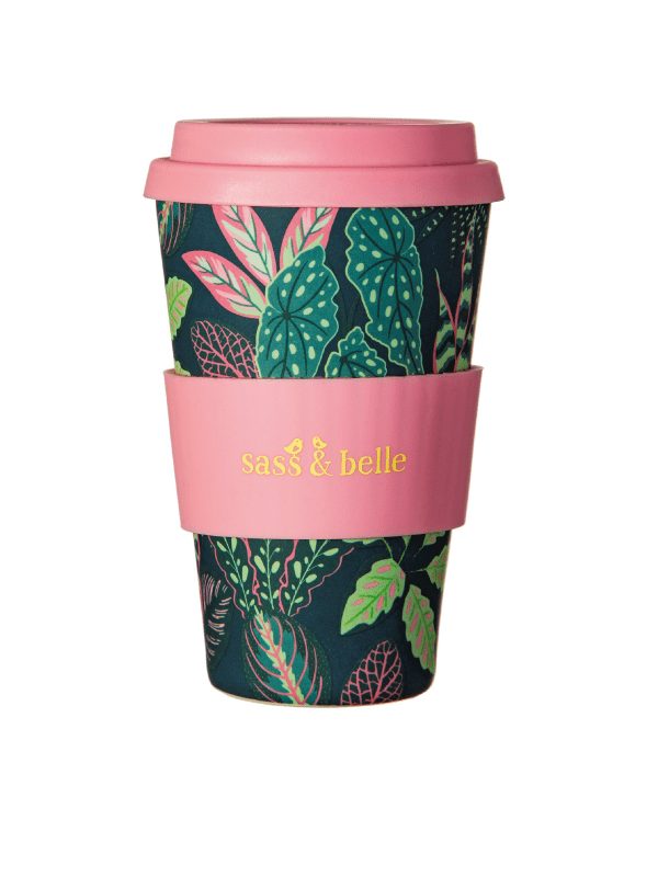 Sass & Belle bamboo coffee cup, leaves print and pink sleeve and lid, gifts for her