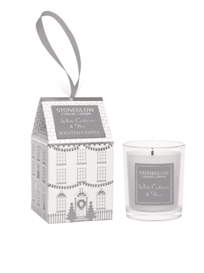 StoneGlow - cashmere and pear mini gift candle, house in a tiny cardboard house