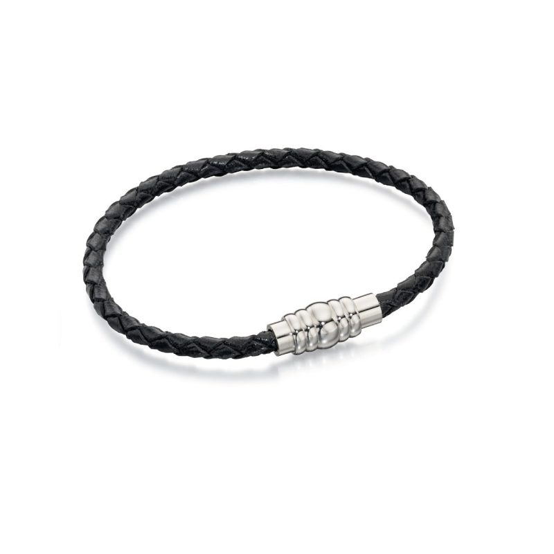 Skinny Stainless Steel Black Leather Bracelet - Bennetts of Derby