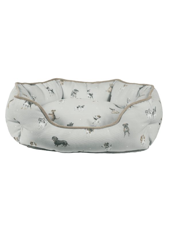 Wrendale small dog bed, grey and natural colour ways with illustrations