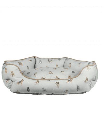 Wrendale medium dog bed, grey colour bed with natural colour ways and illustrations