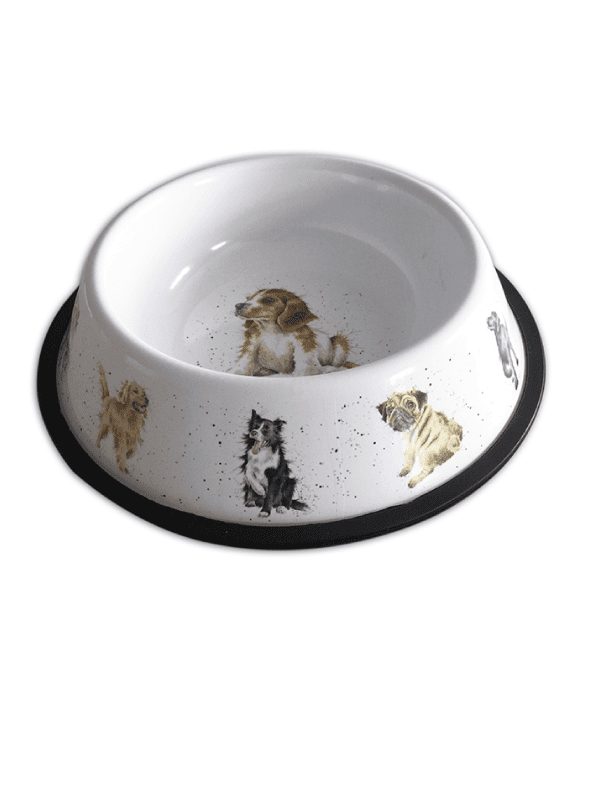 Wrendale dog bowl, illustrations on rim in colour on a white enamel bowl