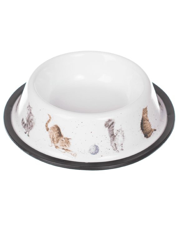 Wrendale cat bowl, illustrations in colour on a white bowl
