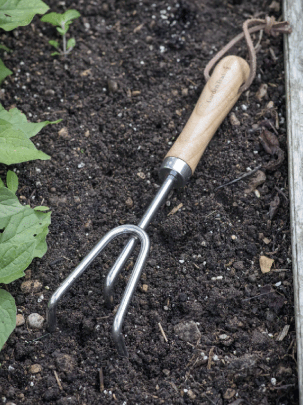 Garden Trading Hand Cultivator lying in a bed of soil