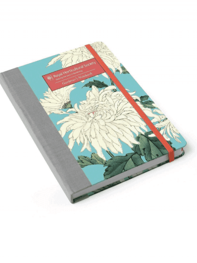 Burgon & Ball RHS gardening notebook with Chrysanthemum print and red page holder