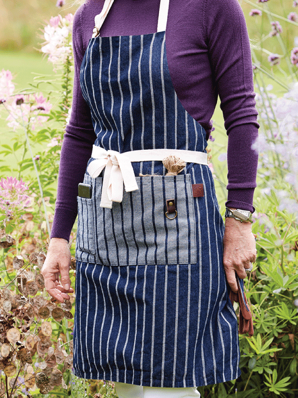 Sophie Conran Gardening Apron Navy and White striped apron with light grey front pocket