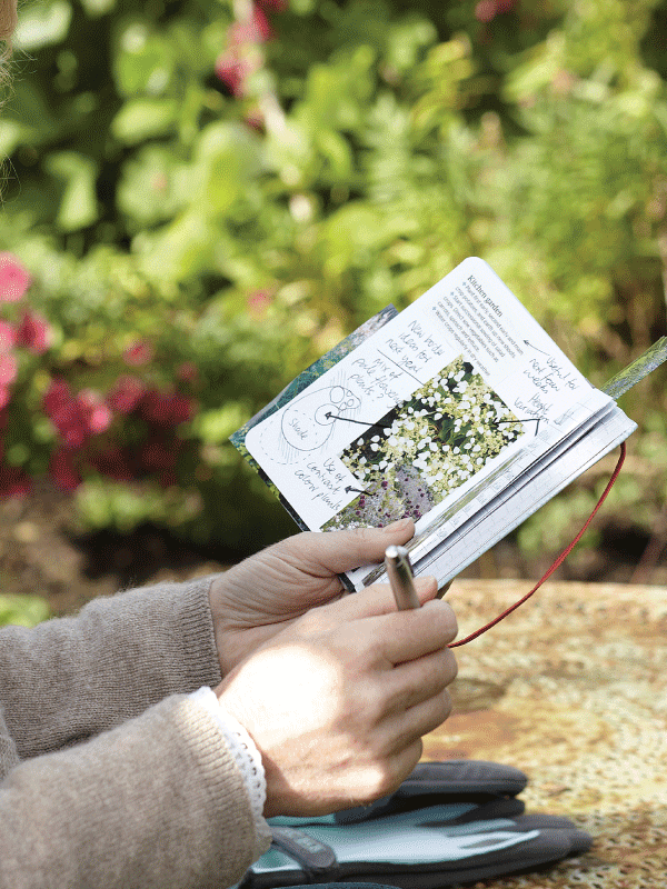 Women holding open Sophie Conran Cherry Blossom Notebook in her garden