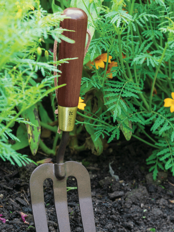 Burgon & Ball National Trust Hand fork dug into the soil in a garden