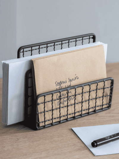 garden trading wire letter rack on home office desk