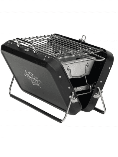 Black suitcase style outdoor bbq on a white background