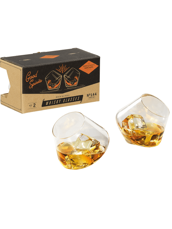 rocking whisky glasses in front of gentleman hardware gift box, gifts for him