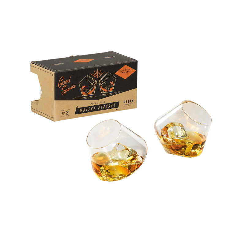 rocking whisky glasses in front of gentleman hardware gift box, gifts for him