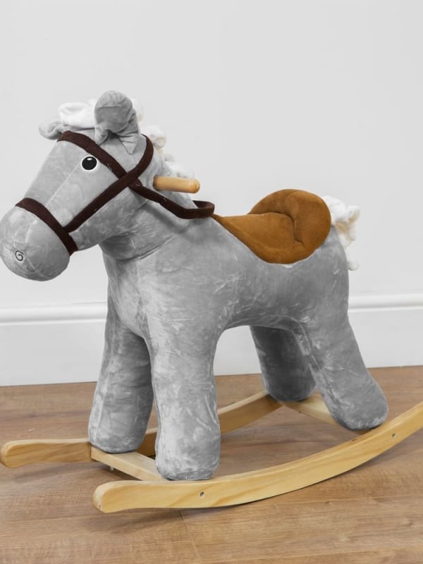 A plush velvet grey rocking horse for toddlers