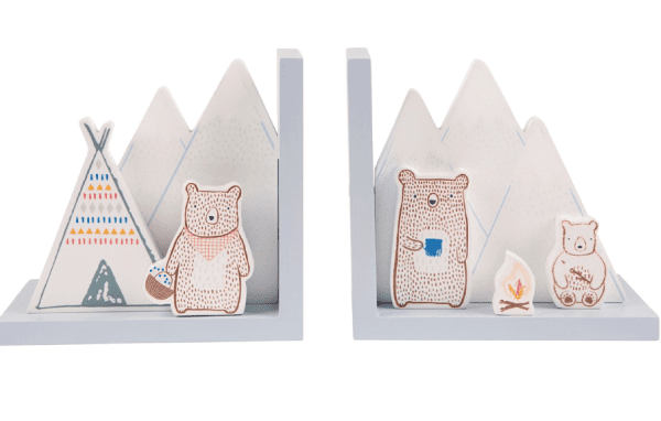 Two cute animal bookends featuring a family of bears on a campsite