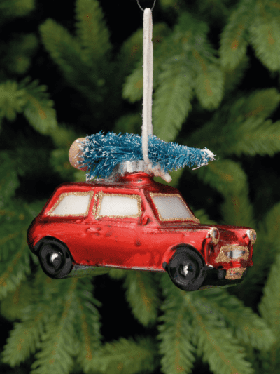 festive glass red mini with tree on top hanging decoration