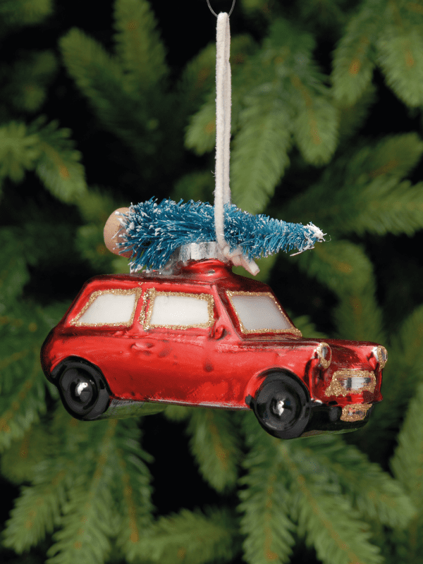 festive glass red mini with tree on top hanging decoration
