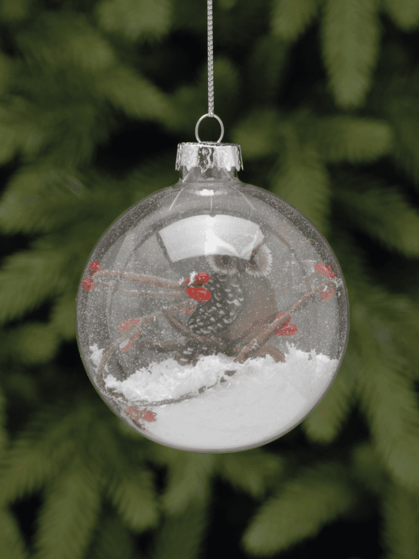 festive open glass bauble with owl and snow