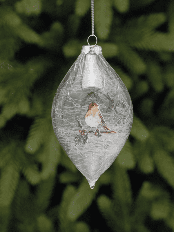 festive robin and holly glass drop bauble