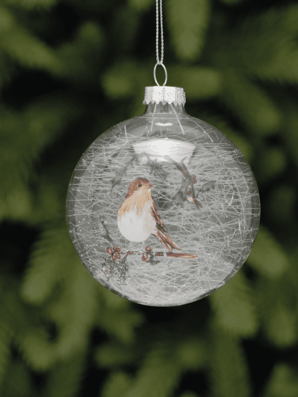 festive glass bauble with robin and holly