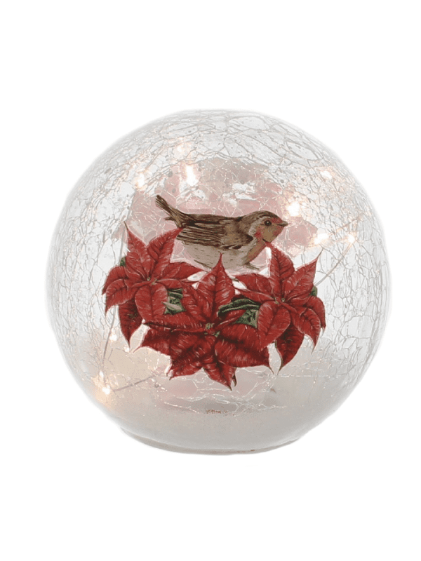 festive poinsettia and robin crackle ball