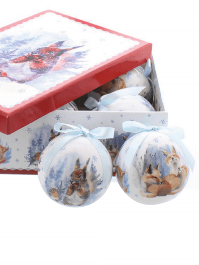 festive set of 6 decoupage fox and squirrel baubles
