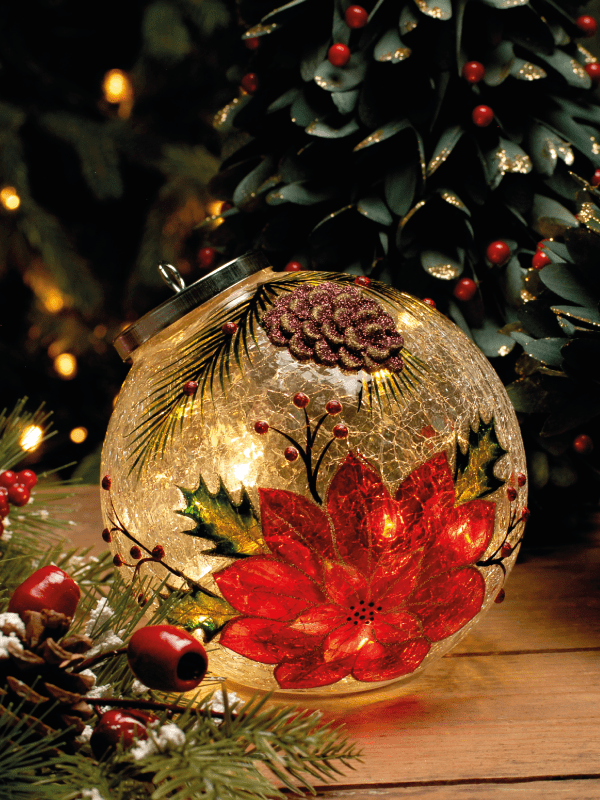 festive battery operated poinsettia crackle ball