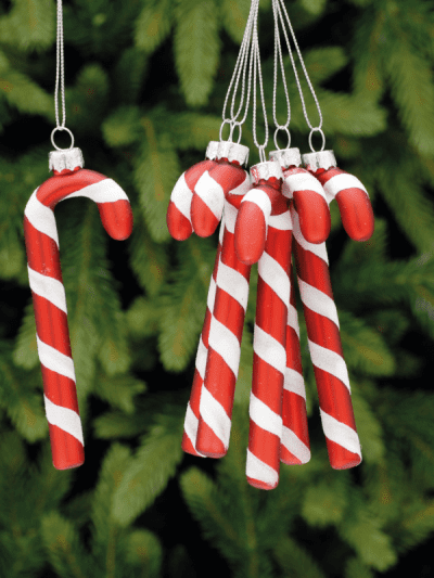 festive set of 6 glass candy cane hanging decorations