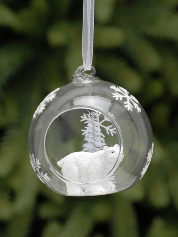 festive clear glass open bauble with polar bear inside