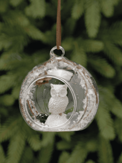 festive clear glass open bauble with owl inside