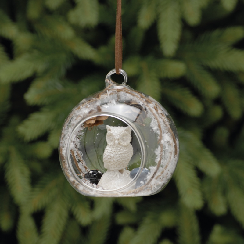 Clear Open Glass Bauble with Owl - Bennetts of Derby