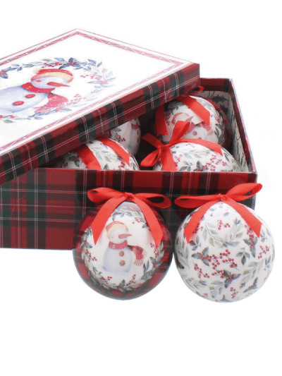 festive set of 6 decoupage snowman and holly baubles