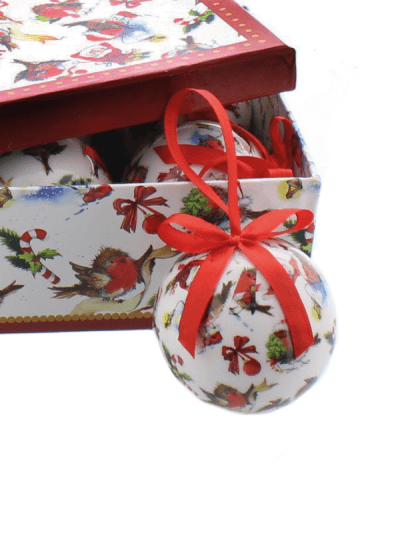 festive set of 6 decoupage robin baubles