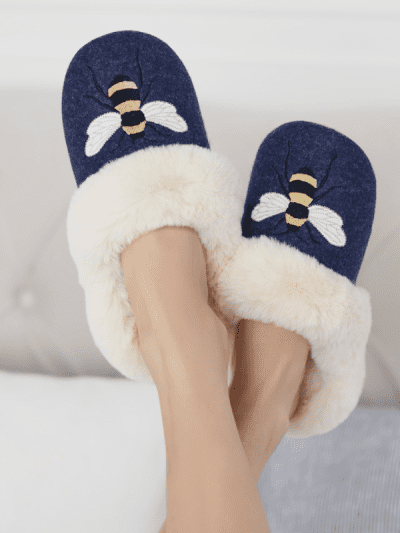 joules navy slip on bee slippers