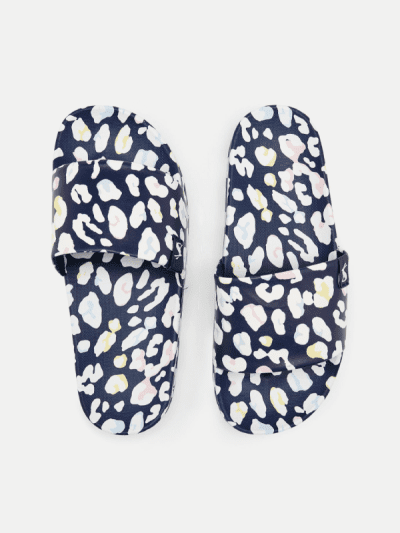 joules blue leopard print pool sliders