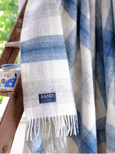 Porthleven Harbour Coastal Check Pure New Wool Sand Blanket