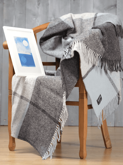 Duck Egg Block Check Pure New Wool Sand Blanket Large