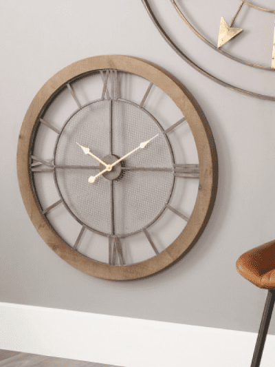 Natural Wood and Black Metal Mesh Round Wall Clock