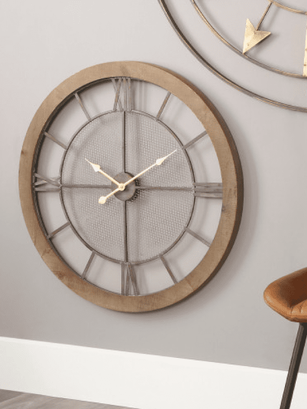Natural Wood and Black Metal Mesh Round Wall Clock