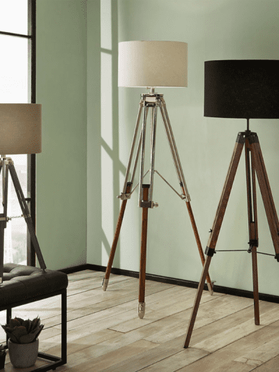 Nickel and Wood Tripod Floor Lamp