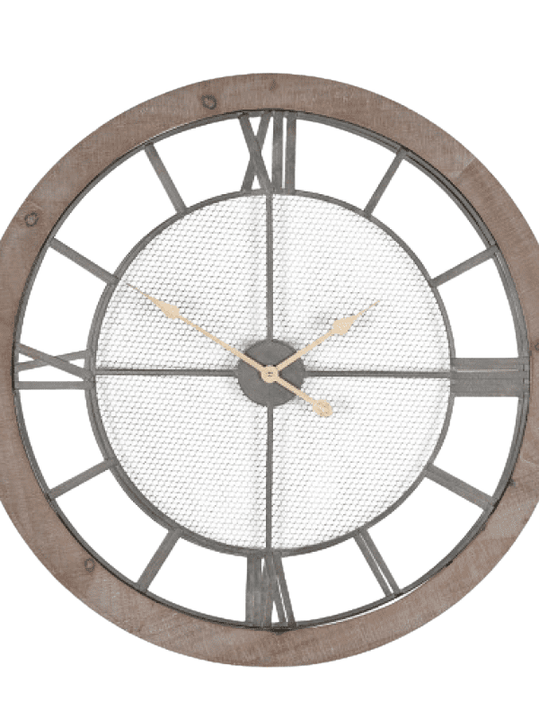 Natural Wood and Black Metal Mesh Round Wall Clock - Image 2