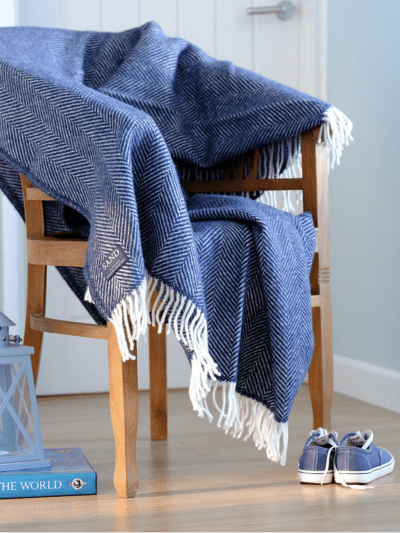 Navy Fishbone Pure New Wool Sand Blanket