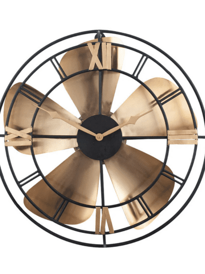 Antique Brass & Black Metal Fan Design Wall Clock