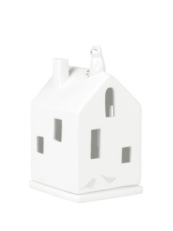 Tea Light House with Cat Sitting on Rooftop