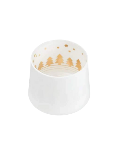 Räder Shadow Play Tealight Holder in white porcelain with gold snowscape interior.