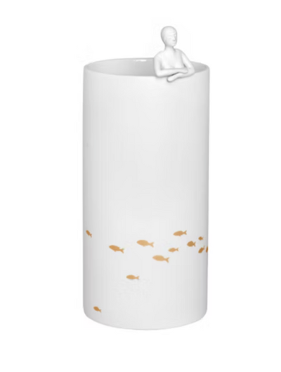 Cylindrical porcelain vase by Räder featuring a bathing pond scene with goldfish and a small swimmer, glazed inside and matte outside.